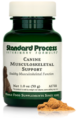 A bottle of Canine Musculoskeletal Support, a powder supplement for dogs’ muscles, ligaments and bone health, next to an image of the powder supplement.