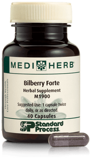 An image of herbal supplement Bilberry Forte next to a capsule.