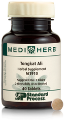 A bottle of MediHerb® Tongkat Ali, a testosterone support supplement for older men, next to a tablet of the supplement.